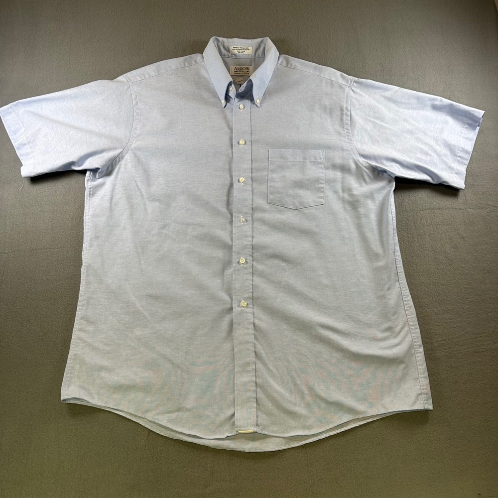 Arrow Mens Wrinkle Free Oxford Shirt Blue Short Sleeve Button Down 17.5 USA Made